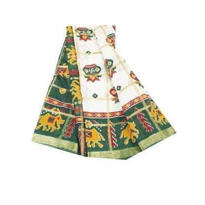 Sanskriti Vintage Sarees White & Green Pure Cotton Patan Patola Sari 5+yd Fabric