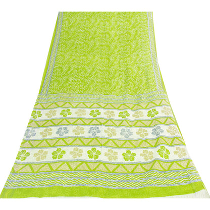 Sanskriti Vintage Sarees Indian Green Pure Cotton Printed Sari 5+yd Craft Fabric