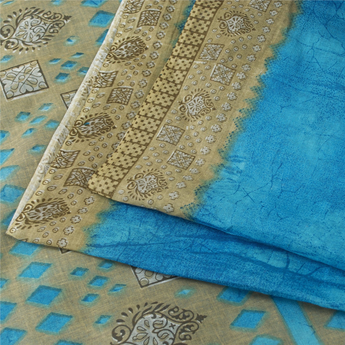 Sanskriti Vintage Sarees Indian Blue Pure Cotton Printed Sari 5+yd Craft Fabric