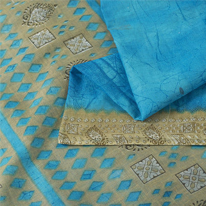 Sanskriti Vintage Sarees Indian Blue Pure Cotton Printed Sari 5+yd Craft Fabric