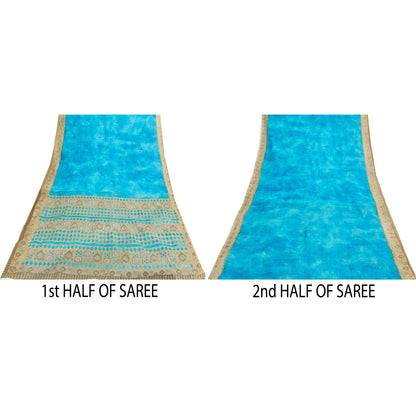 Sanskriti Vintage Sarees Indian Blue Pure Cotton Printed Sari 5+yd Craft Fabric