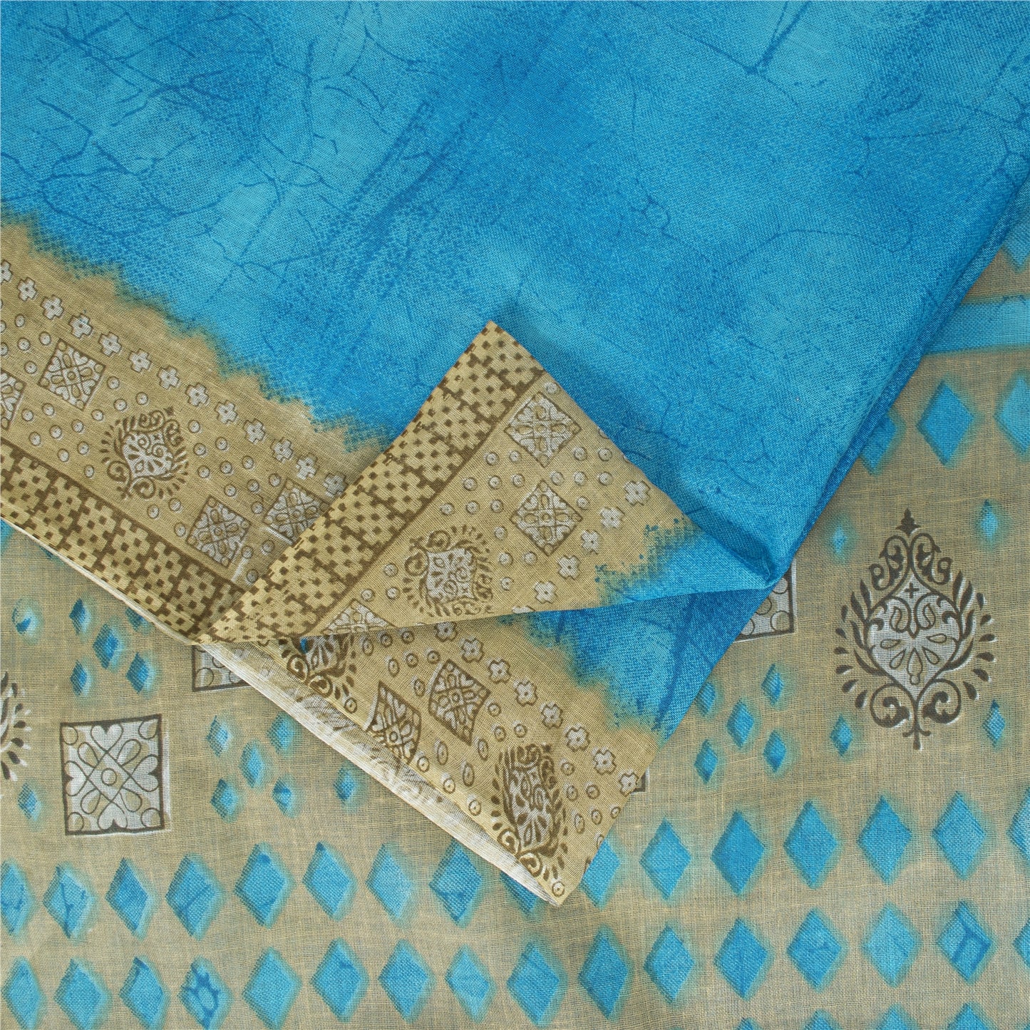 Sanskriti Vintage Sarees Indian Blue Pure Cotton Printed Sari 5+yd Craft Fabric