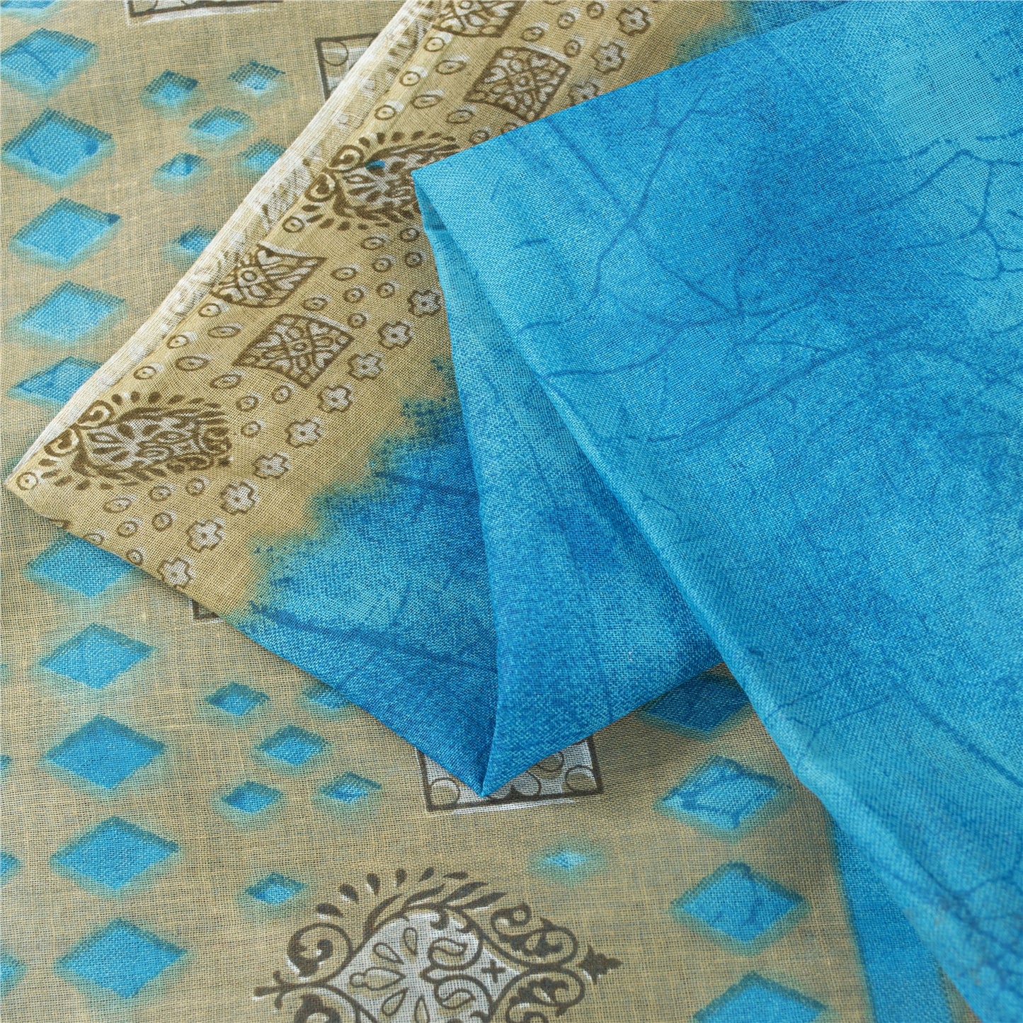 Sanskriti Vintage Sarees Indian Blue Pure Cotton Printed Sari 5+yd Craft Fabric