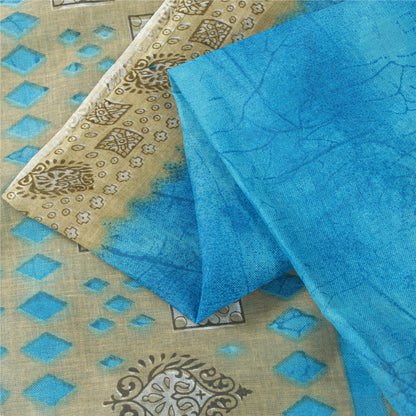 Sanskriti Vintage Sarees Indian Blue Pure Cotton Printed Sari 5+yd Craft Fabric