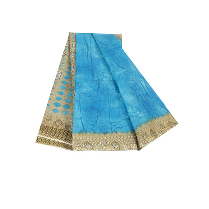 Sanskriti Vintage Sarees Indian Blue Pure Cotton Printed Sari 5+yd Craft Fabric
