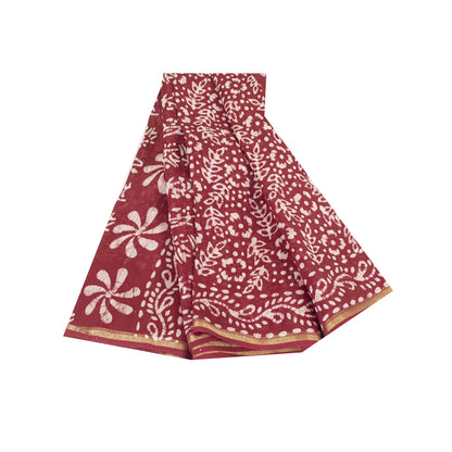 Sanskriti Vintage Sarees Red Batik Work Zari Border Pure Cotton Sari 5+yd Fabric