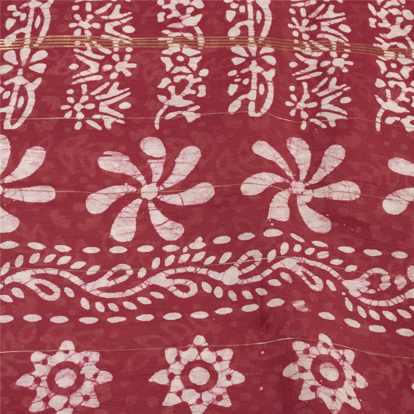 Sanskriti Vintage Sarees Red Batik Work Zari Border Pure Cotton Sari 5+yd Fabric