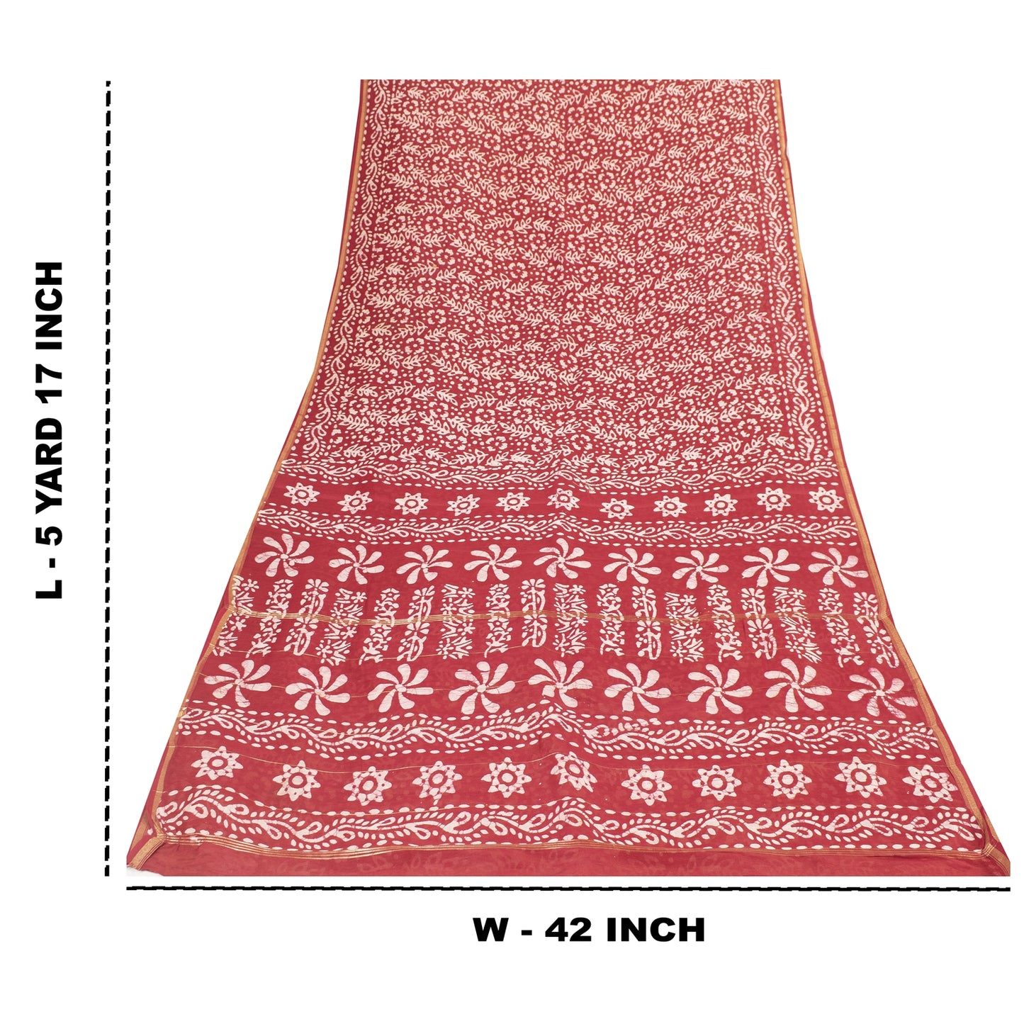 Sanskriti Vintage Sarees Red Batik Work Zari Border Pure Cotton Sari 5+yd Fabric