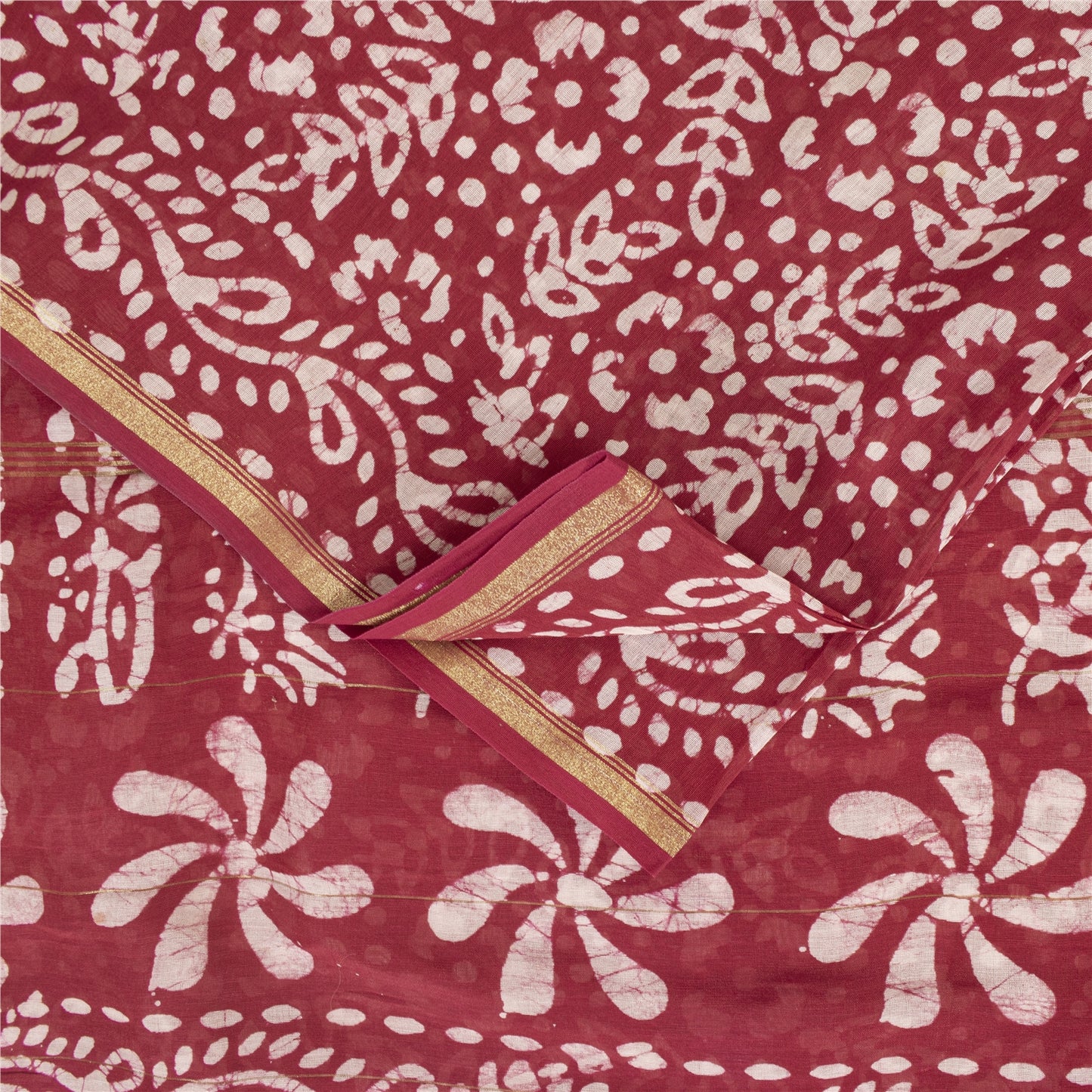 Sanskriti Vintage Sarees Red Batik Work Zari Border Pure Cotton Sari 5+yd Fabric