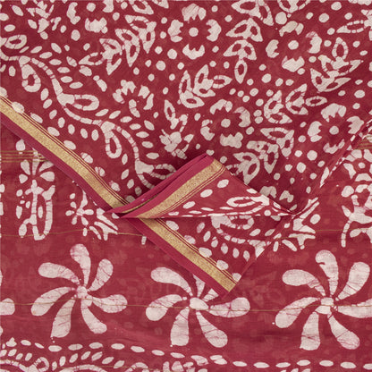Sanskriti Vintage Sarees Red Batik Work Zari Border Pure Cotton Sari 5+yd Fabric