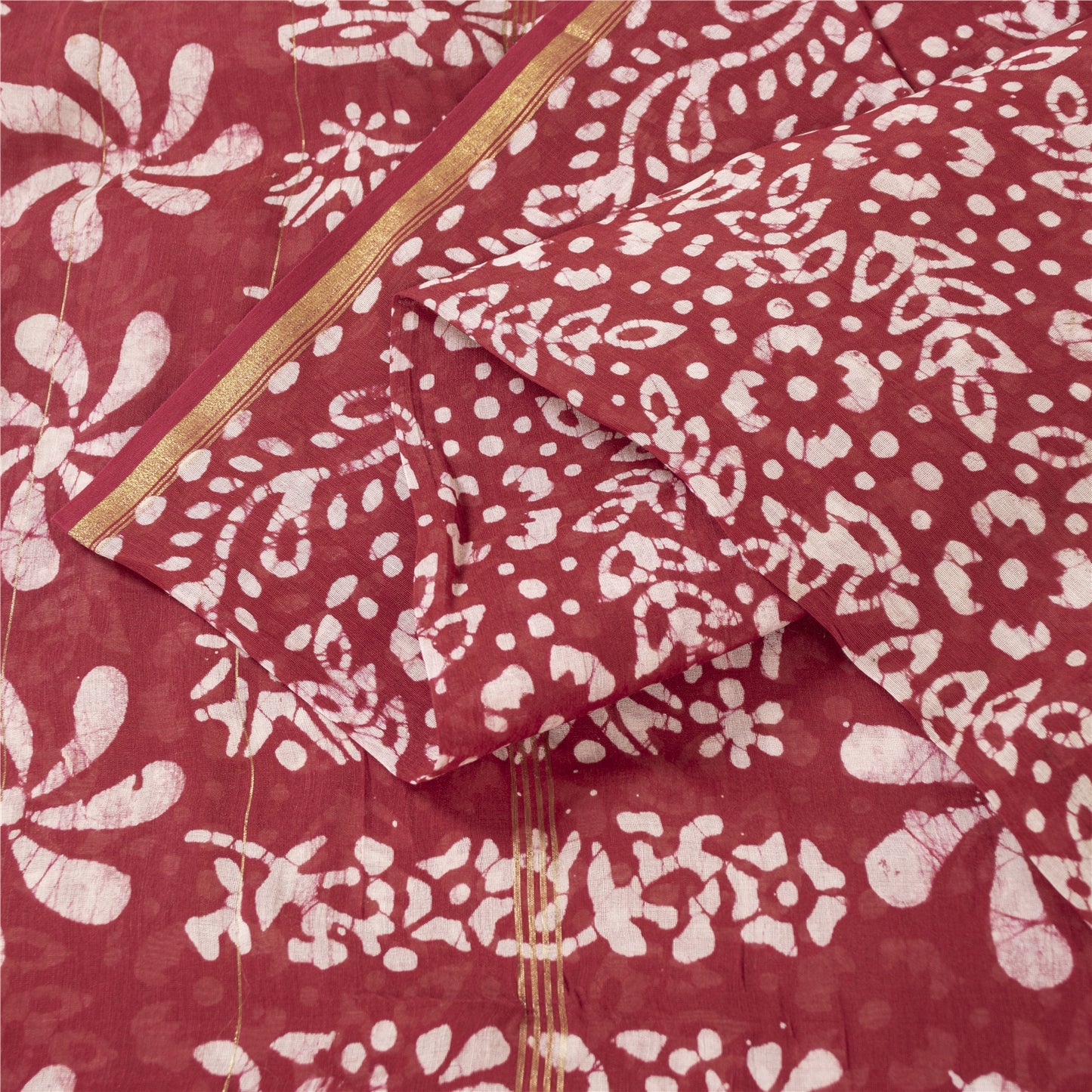 Sanskriti Vintage Sarees Red Batik Work Zari Border Pure Cotton Sari 5+yd Fabric
