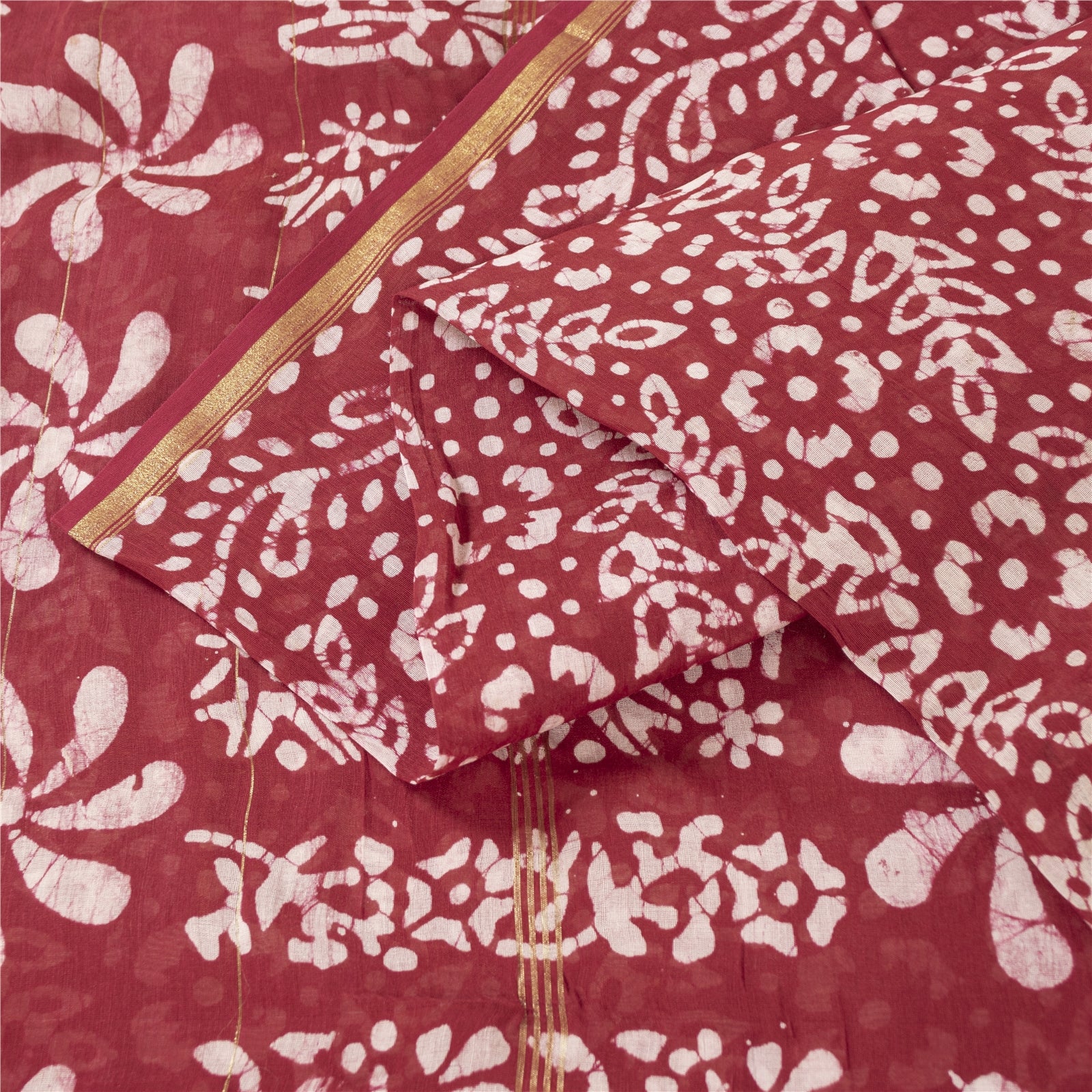 Sanskriti Vintage Sarees Red Batik Work Zari Border Pure Cotton Sari 5+yd Fabric