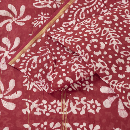 Sanskriti Vintage Sarees Red Batik Work Zari Border Pure Cotton Sari 5+yd Fabric