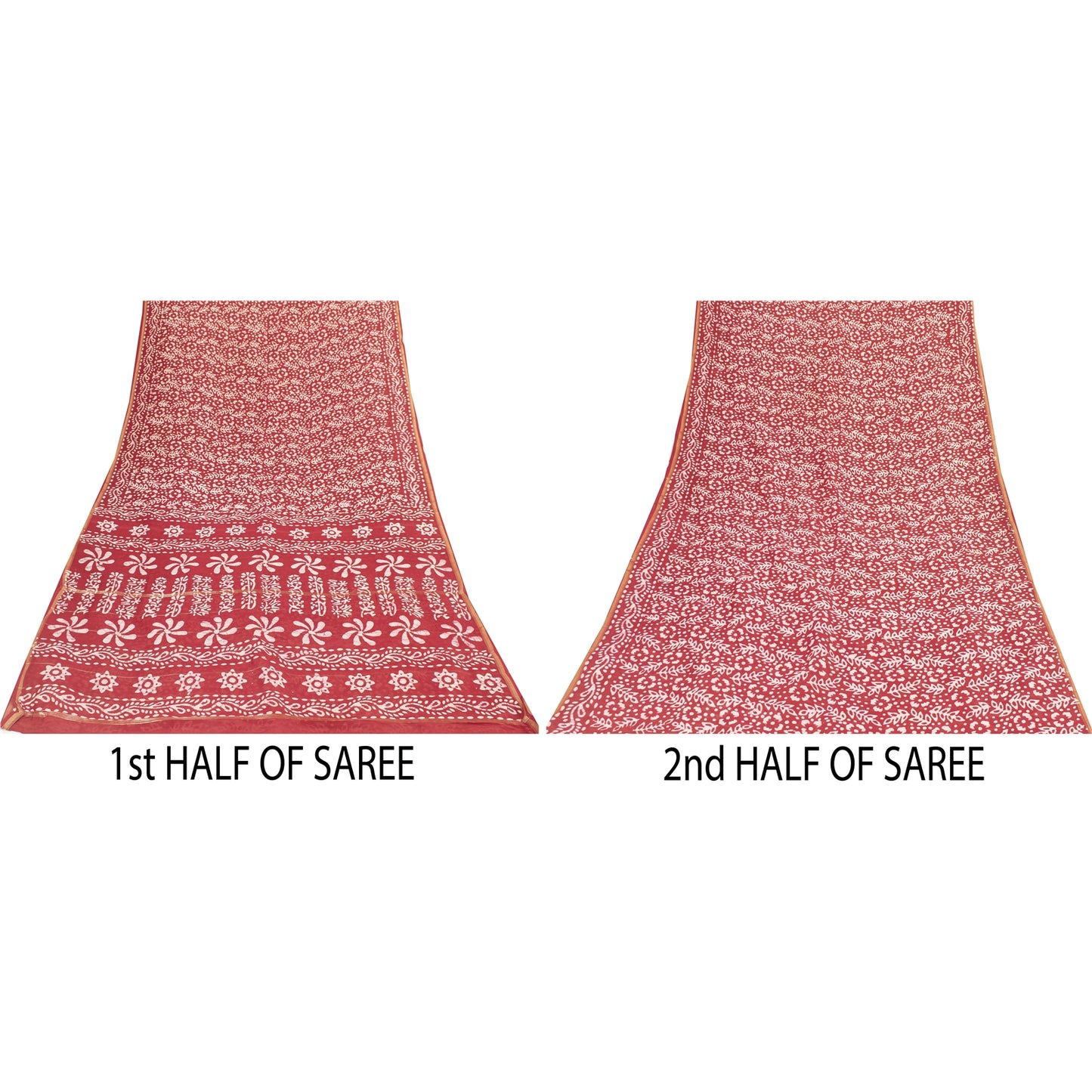 Sanskriti Vintage Sarees Red Batik Work Zari Border Pure Cotton Sari 5+yd Fabric