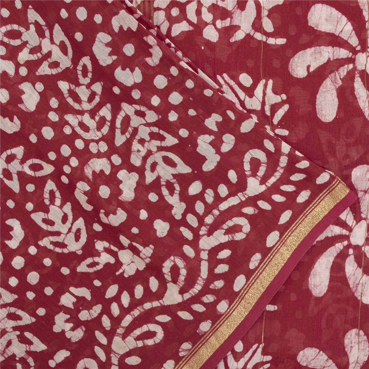 Sanskriti Vintage Sarees Red Batik Work Zari Border Pure Cotton Sari 5+yd Fabric