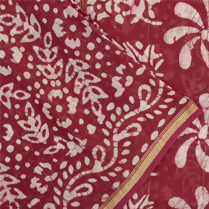 Sanskriti Vintage Sarees Red Batik Work Zari Border Pure Cotton Sari 5+yd Fabric