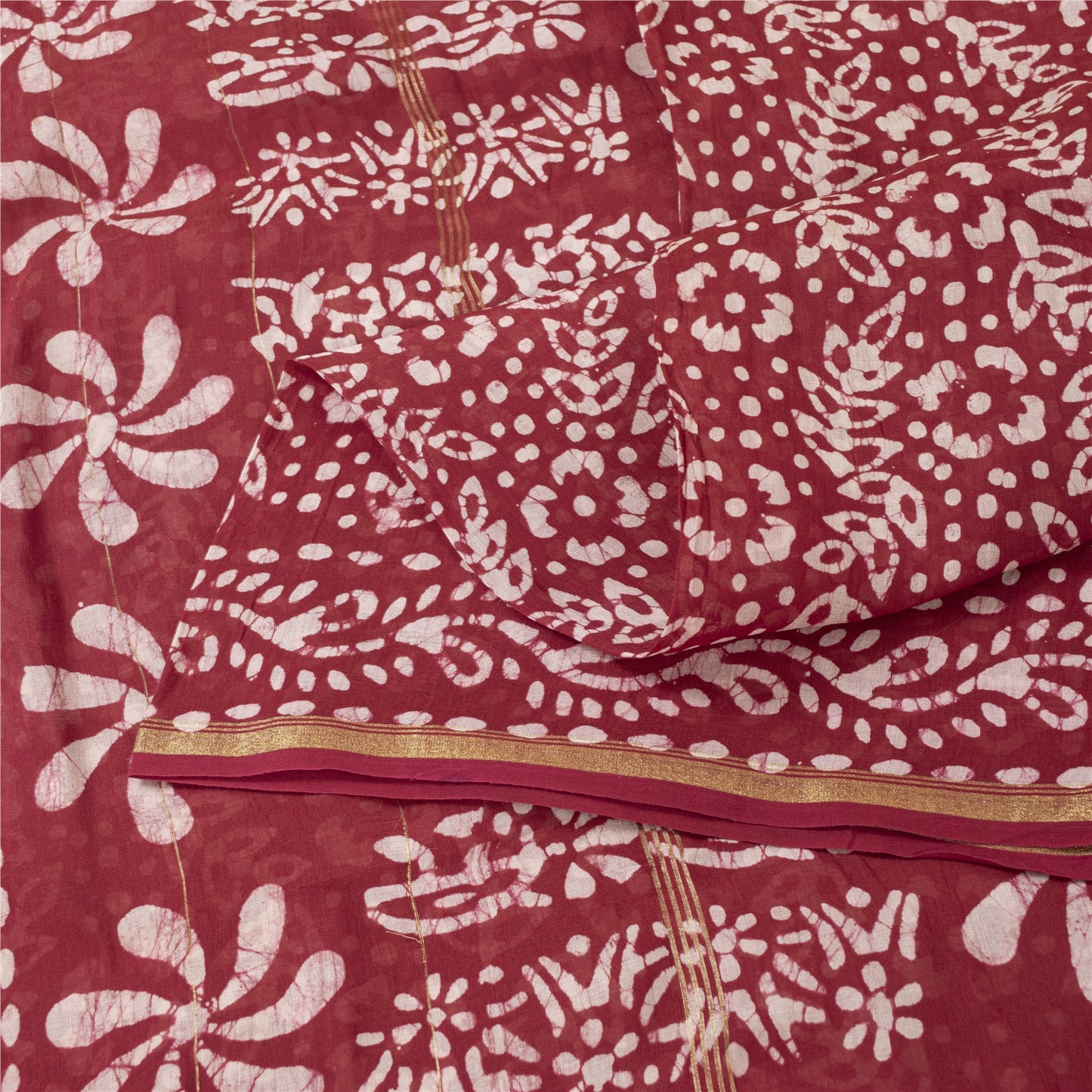 Sanskriti Vintage Sarees Red Batik Work Zari Border Pure Cotton Sari 5+yd Fabric
