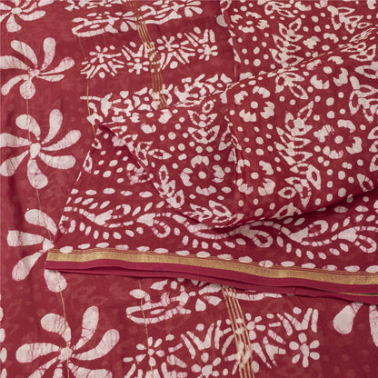 Sanskriti Vintage Sarees Red Batik Work Zari Border Pure Cotton Sari 5+yd Fabric