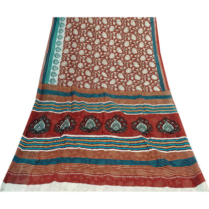 Sanskriti Vintage Sarees Red Pure Cotton Floral Printed 5+yd Sari Craft Fabric