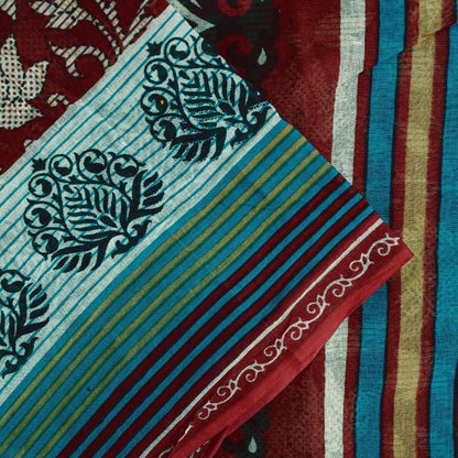 Sanskriti Vintage Sarees Red Pure Cotton Floral Printed 5+yd Sari Craft Fabric