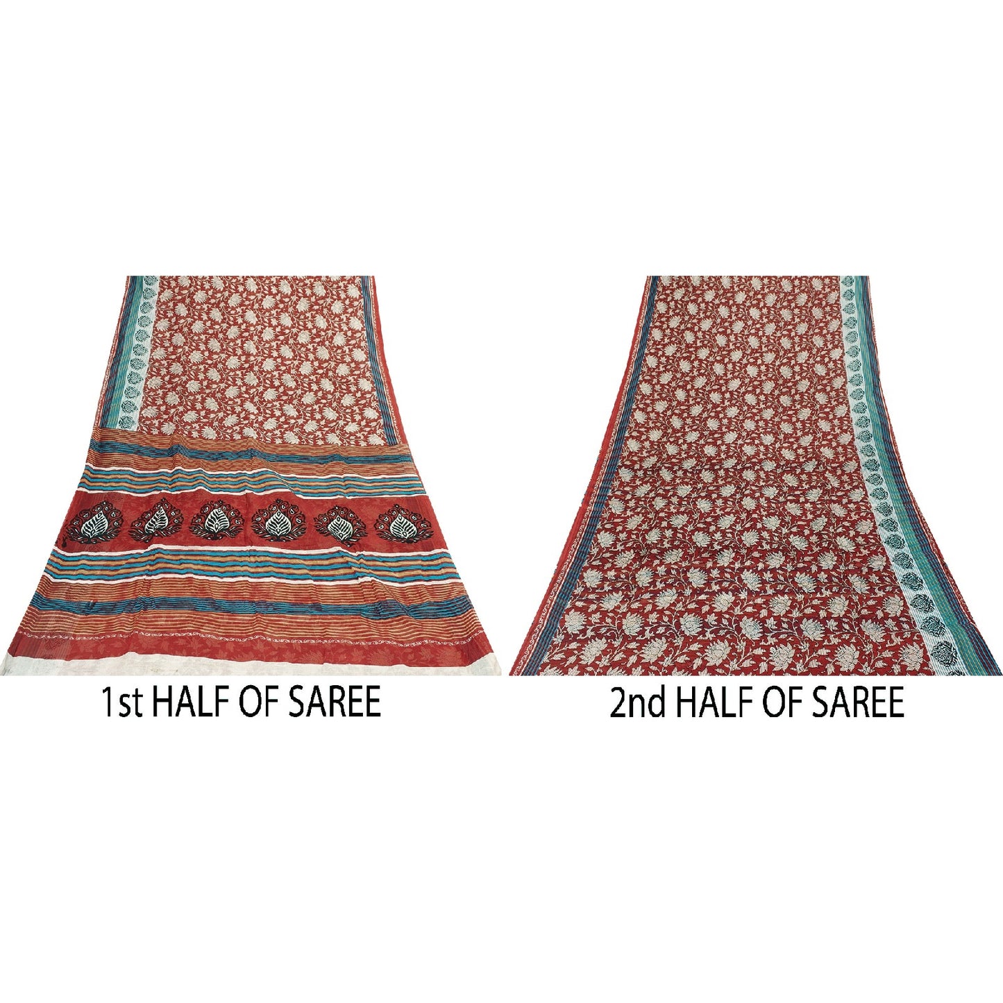 Sanskriti Vintage Sarees Red Pure Cotton Floral Printed 5+yd Sari Craft Fabric