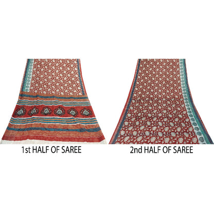 Sanskriti Vintage Sarees Red Pure Cotton Floral Printed 5+yd Sari Craft Fabric