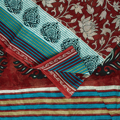 Sanskriti Vintage Sarees Red Pure Cotton Floral Printed 5+yd Sari Craft Fabric