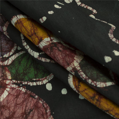 Sanskriti Vintage Sarees Red & Black 100%Pure Cotton Batik Work Sari 5+yd Fabric