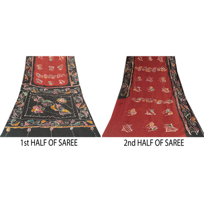 Sanskriti Vintage Sarees Red & Black 100%Pure Cotton Batik Work Sari 5+yd Fabric