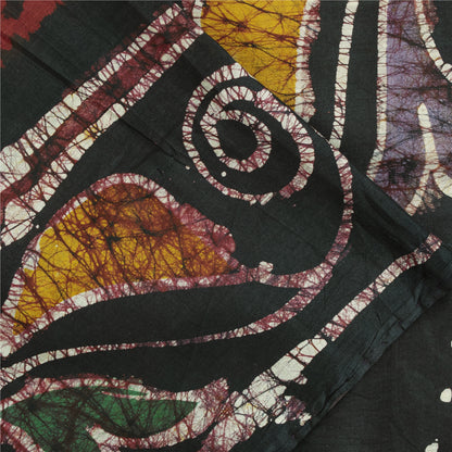 Sanskriti Vintage Sarees Red & Black 100%Pure Cotton Batik Work Sari 5+yd Fabric