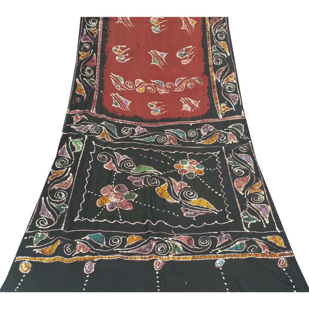 Sanskriti Vintage Sarees Red & Black 100%Pure Cotton Batik Work Sari 5+yd Fabric