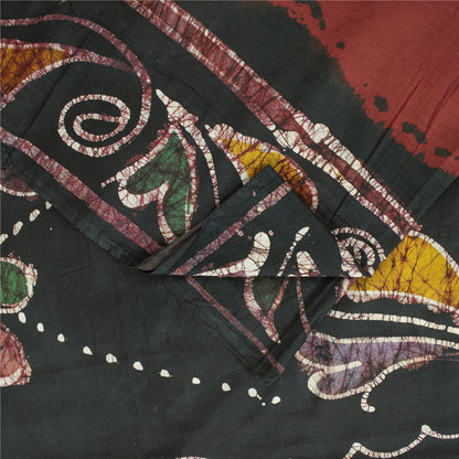 Sanskriti Vintage Sarees Red & Black 100%Pure Cotton Batik Work Sari 5+yd Fabric