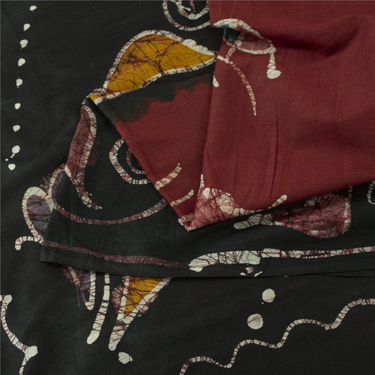Sanskriti Vintage Sarees Red & Black 100%Pure Cotton Batik Work Sari 5+yd Fabric