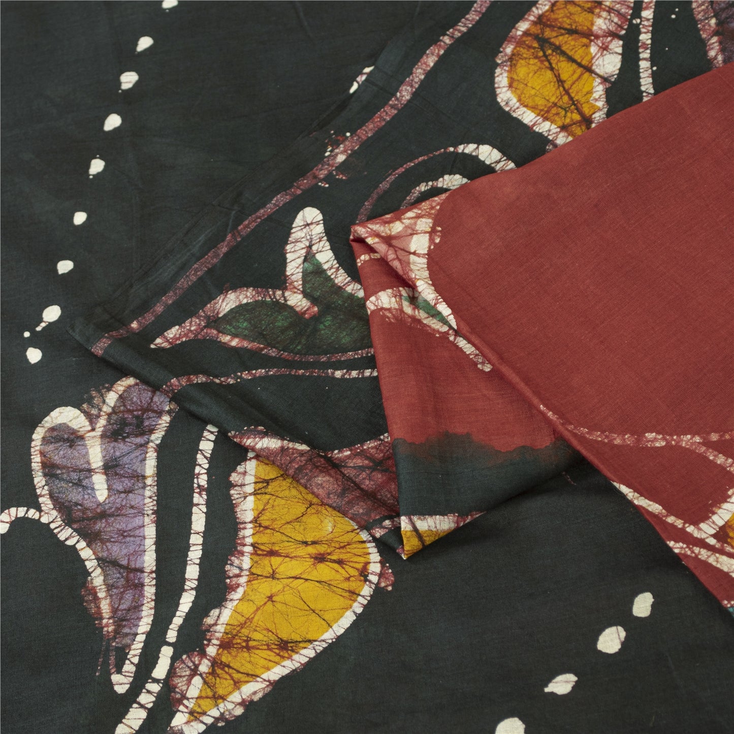 Sanskriti Vintage Sarees Red & Black 100%Pure Cotton Batik Work Sari 5+yd Fabric