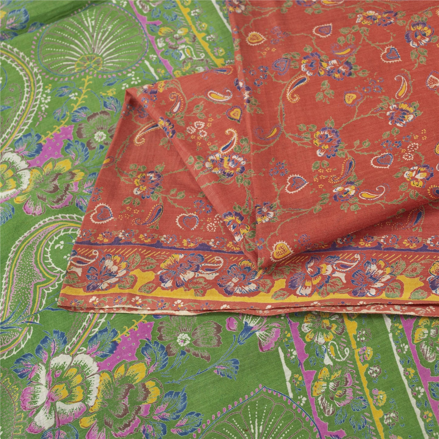 Sanskriti Vintage Sarees Orange Pure Cotton Floral Printed 5+YD Dressmaking Sari