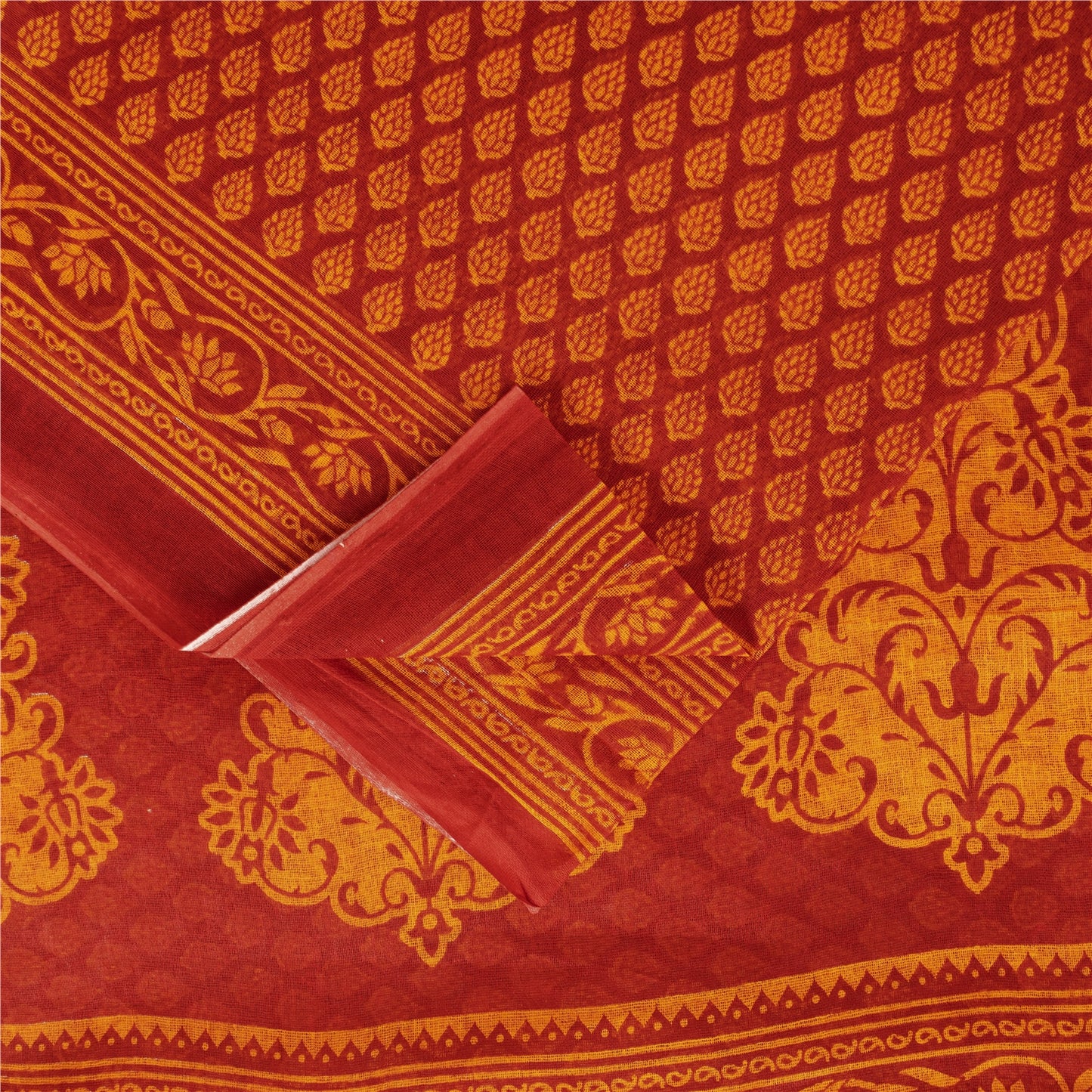 Sanskriti Vintage Sarees Red & Yellow Pure Cotton Floral Block Printed 5+YD Sari
