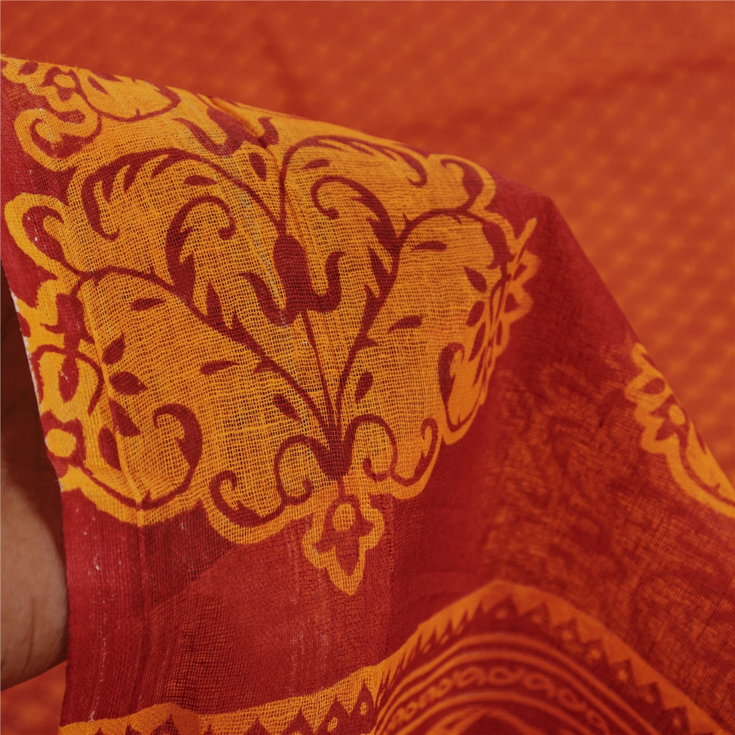Sanskriti Vintage Sarees Red & Yellow Pure Cotton Floral Block Printed 5+YD Sari