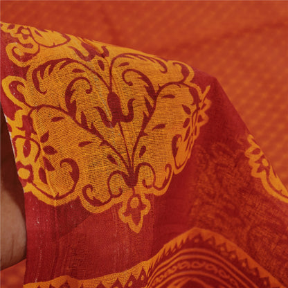 Sanskriti Vintage Sarees Red & Yellow Pure Cotton Floral Block Printed 5+YD Sari