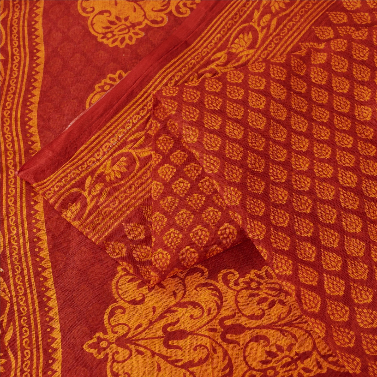 Sanskriti Vintage Sarees Red & Yellow Pure Cotton Floral Block Printed 5+YD Sari