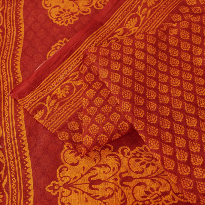 Sanskriti Vintage Sarees Red & Yellow Pure Cotton Floral Block Printed 5+YD Sari