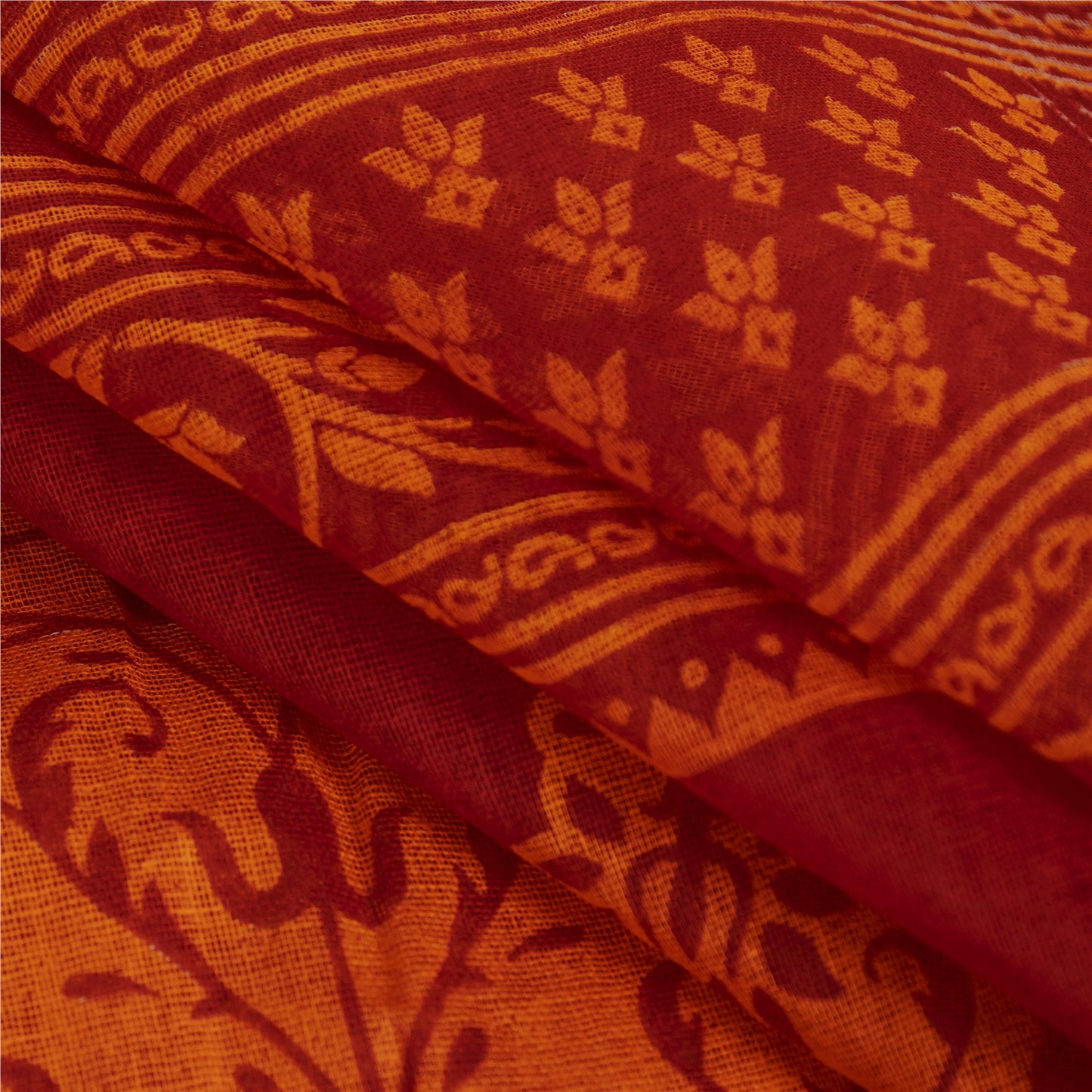 Sanskriti Vintage Sarees Red & Yellow Pure Cotton Floral Block Printed 5+YD Sari
