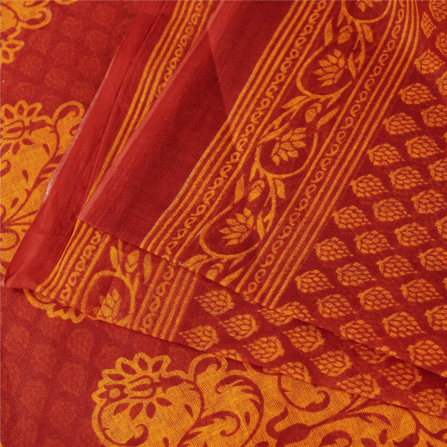 Sanskriti Vintage Sarees Red & Yellow Pure Cotton Floral Block Printed 5+YD Sari