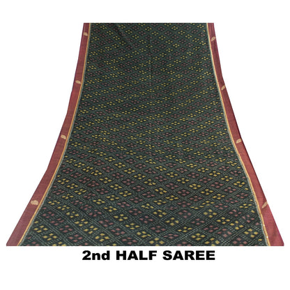 Sanskriti Vintage Sarees Black Pure Cotton Ikat & Zari Woven 5+yd Authentic Sari