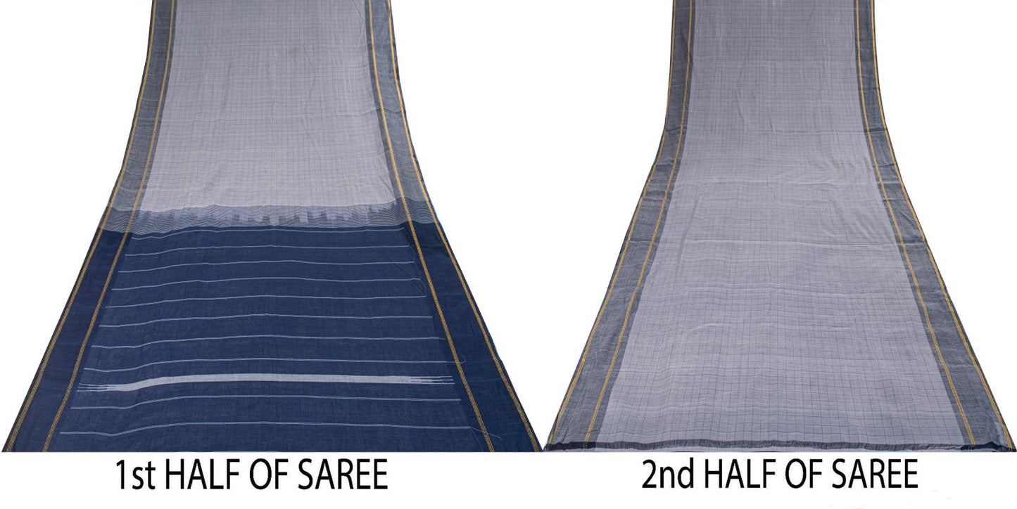 Sanskriti Vintage Saree Gray-Blue Pure Cotton Hand Woven Ikal Sari 6+YD Fabric