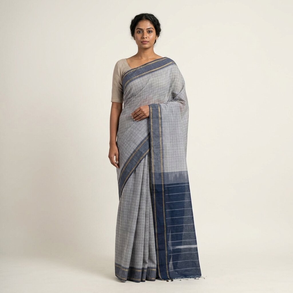 Sanskriti Vintage Saree Gray-Blue Pure Cotton Hand Woven Ikal Sari 6+YD Fabric