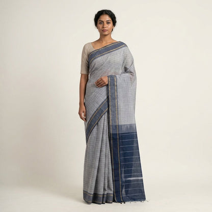 Sanskriti Vintage Saree Gray-Blue Pure Cotton Hand Woven Ikal Sari 6+YD Fabric