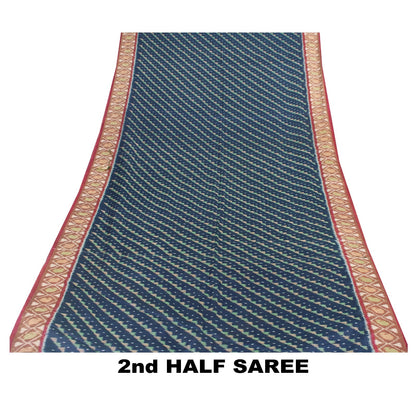 Sanskriti Vintage Sarees Blue Ikat Handwoven Odisha Pure Cotton Sari 5+yd Fabric