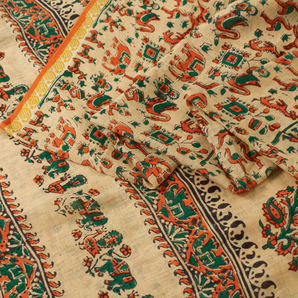 Sanskriti Vintage Sarees Pure Cotton CreamAnimal Human Hand BlockPrint 5+yd Sari