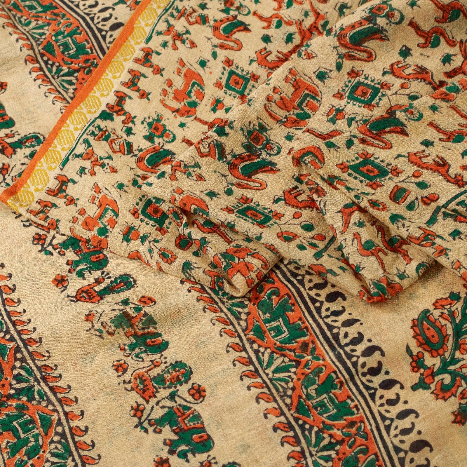 Sanskriti Vintage Sarees Pure Cotton CreamAnimal Human Hand BlockPrint 5+yd Sari