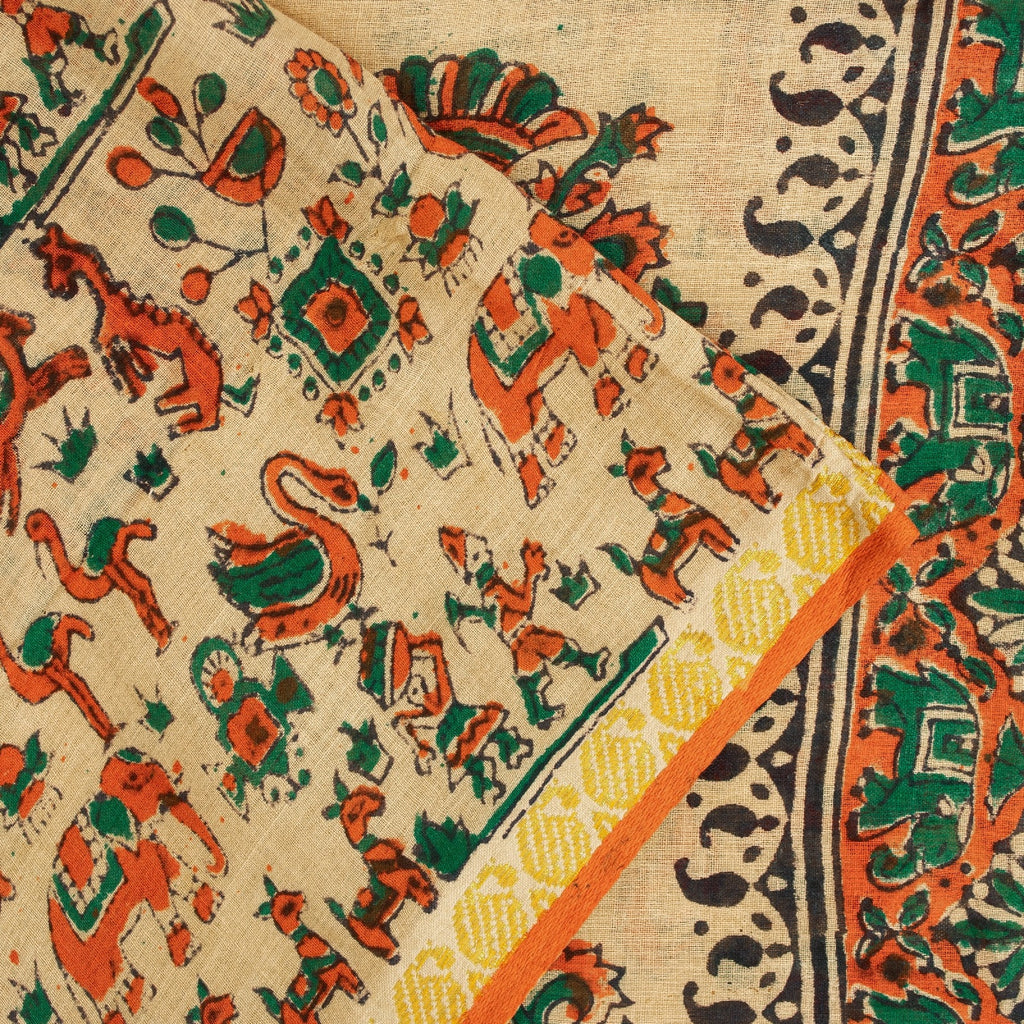 Sanskriti Vintage Sarees Pure Cotton CreamAnimal Human Hand BlockPrint 5+yd Sari